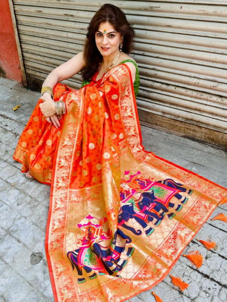 Reena Dwivedi In Handmade Banarsi Silk Designer Saree With Booti Work. Available In 4 Colours.