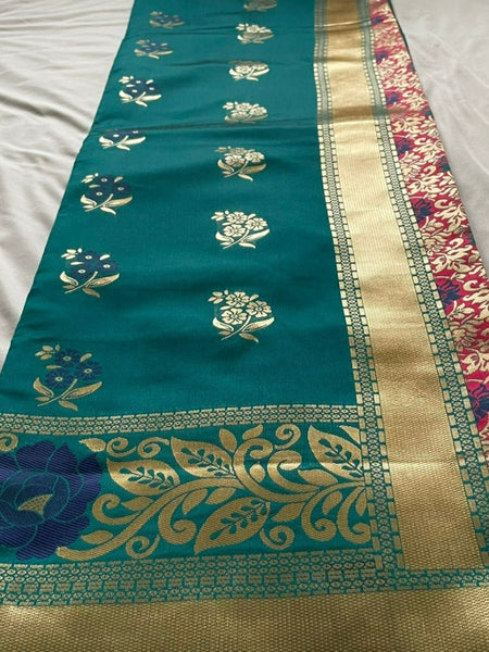 Megha Rathod In Banarsi Silk Saree. Available In 2 Colours.