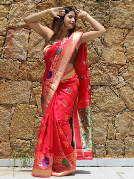 Megha Rathod In Banarsi Silk Saree. Available In 2 Colours.