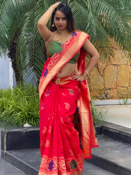 Megha Rathod In Banarsi Silk Saree. Available In 2 Colours.