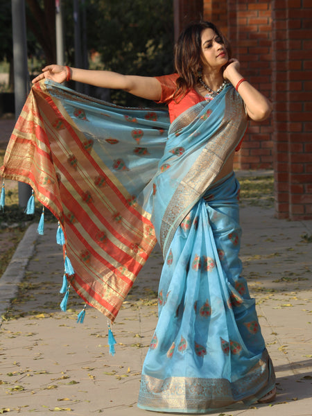 Megha Rathod In Banarsi Organza Saree With Booti Work. Available In 4 Colours.