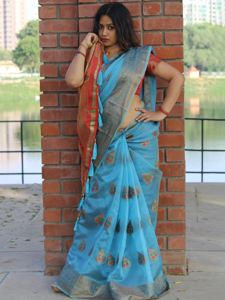 Megha Rathod In Banarsi Organza Saree With Booti Work. Available In 4 Colours.
