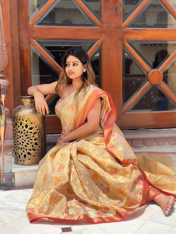 Megha Rathod In Kota Doria Saree. Available In 3 Colours.