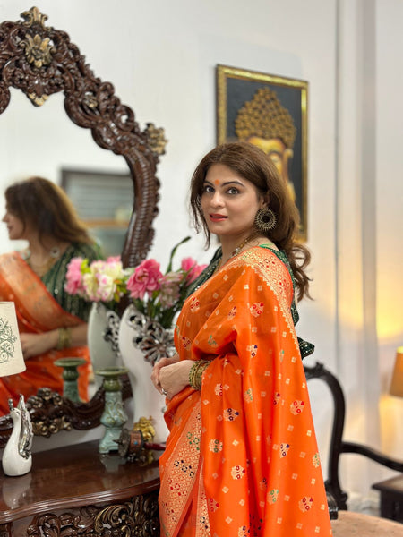 Naveena Kapoor In Banarsi Silk Saree. Available In 3 Colours