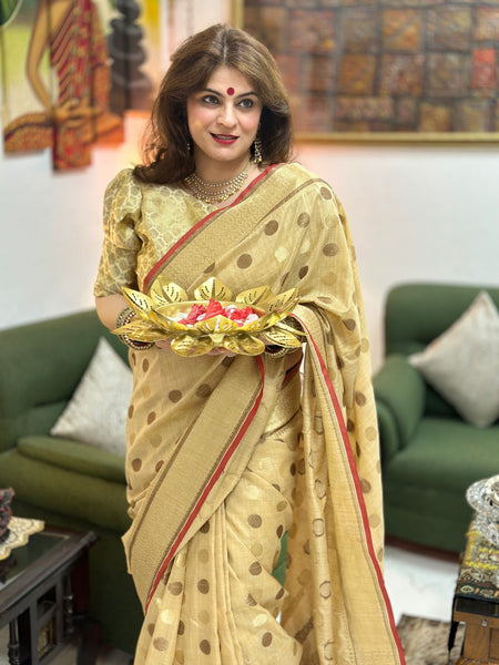 Naveena Kapoor In Banarsi Cotton Silk Designer Saree. Available In 6 Colours.