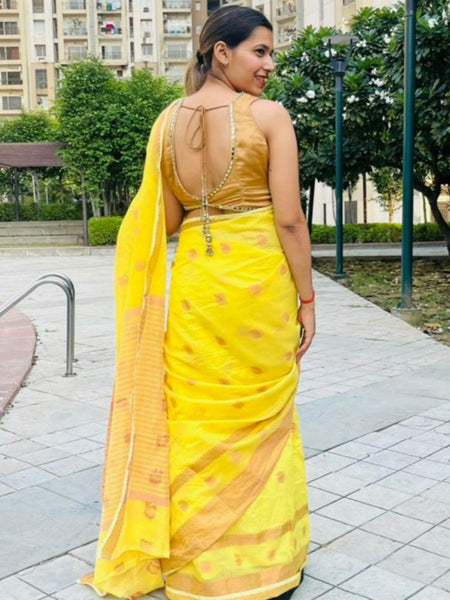 Shikha Choudhary In Yellow Chanderi Cotton Silk Saree With Copper Zari Work. Available In 6 Colours.