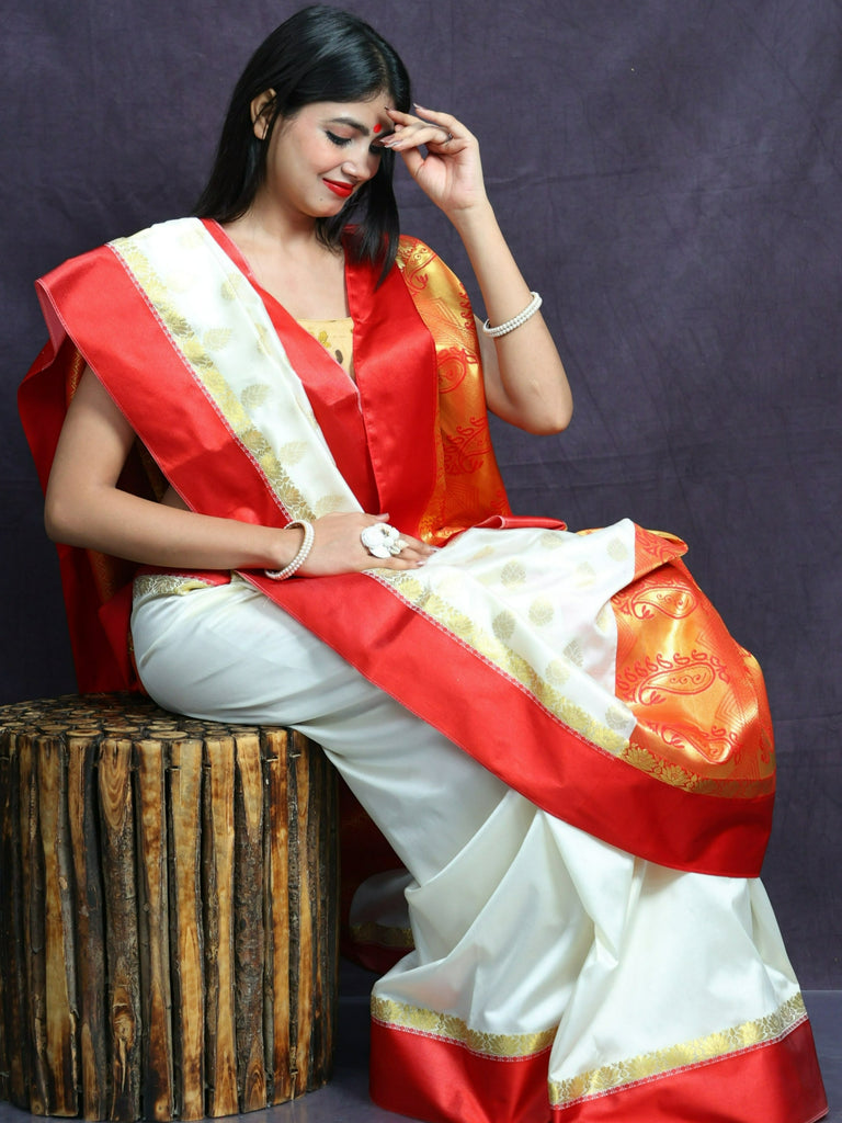 Milk White and Royal Red Color Pure Kanjeevaram Silk Mark Saree | Red and white  saree, White saree, Red saree wedding