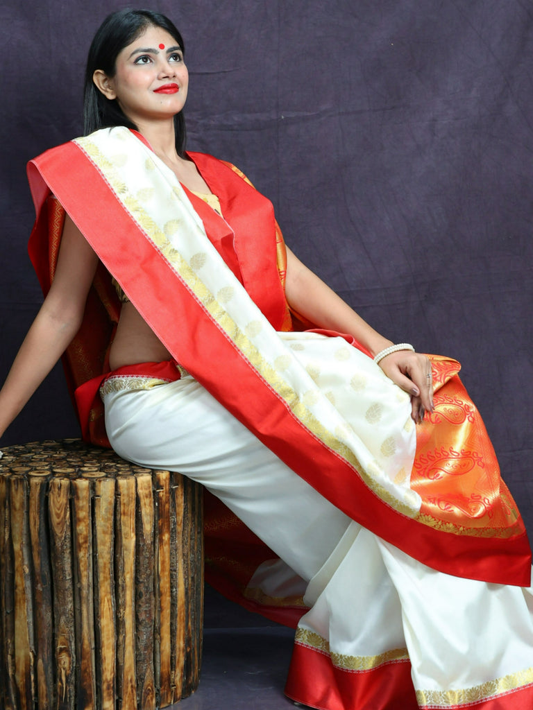White woven cotton saree - Desh Bidesh - 3963437