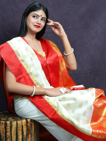 Off White Traditional Silk Garad Korial Bengali Saree With Contrast Pallu