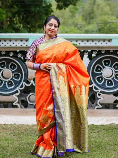 Ramya Pathak In Orange Banarsi Designer Saree With Contrast Purple Pallu And Golden Zari Work