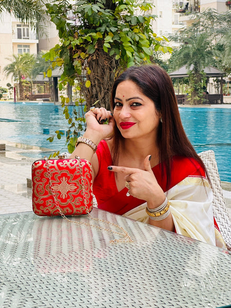 Brocade Square Clutch With Both Side Same Design And Sling Chain Included
