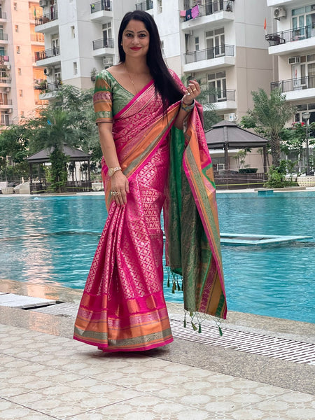 Reena Dwivedi In Pink Kanjivaram Saree With Contrast Green Pallu