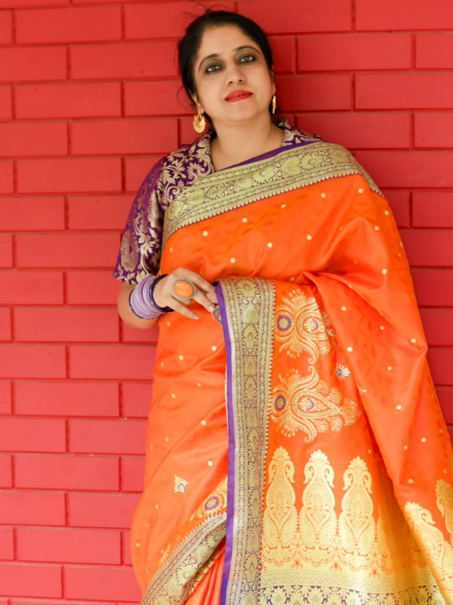 Ramya Pathak In Orange Banarsi Designer Saree With Contrast Purple Pallu And Golden Zari Work