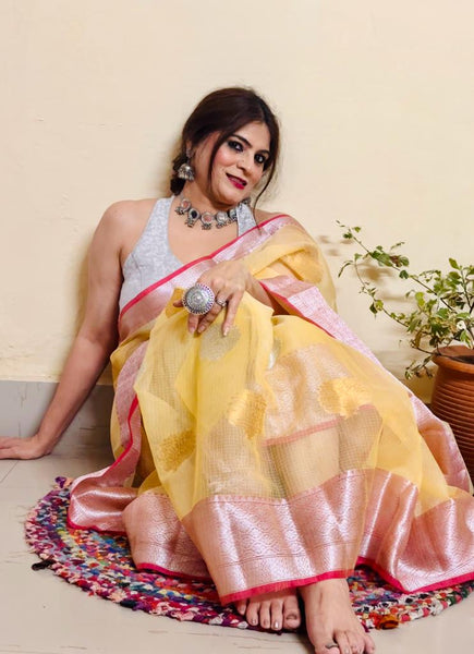 Naveena Kapoor In Kota Doria Silver and Gold Boota Saree With Matching Pallu. Available In 4 Colours.