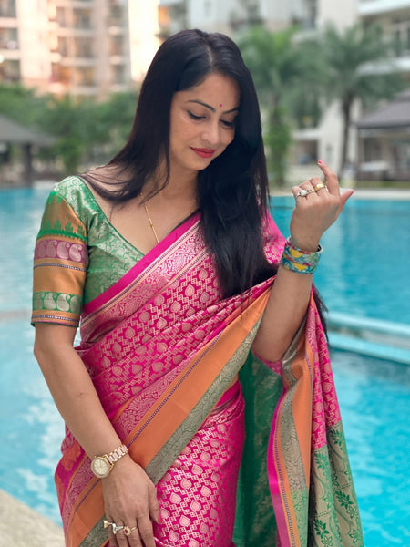 Reena Dwivedi In Pink Kanjivaram Saree With Contrast Green Pallu