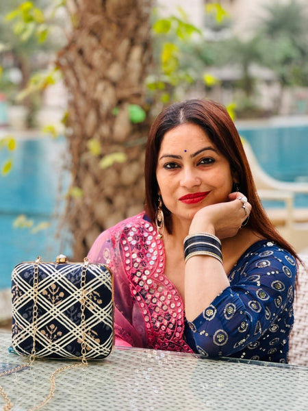 Embroidered Square Clutch With Both Side Same Design And Sling Chain Included