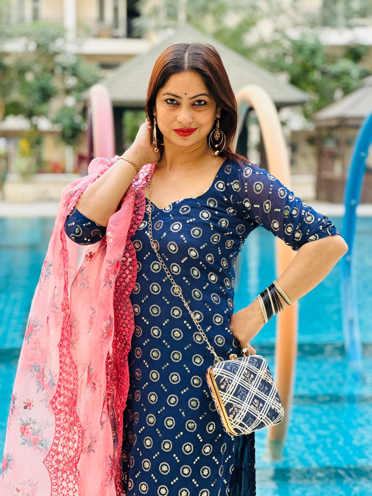 Embroidered Square Clutch With Both Side Same Design And Sling Chain Included