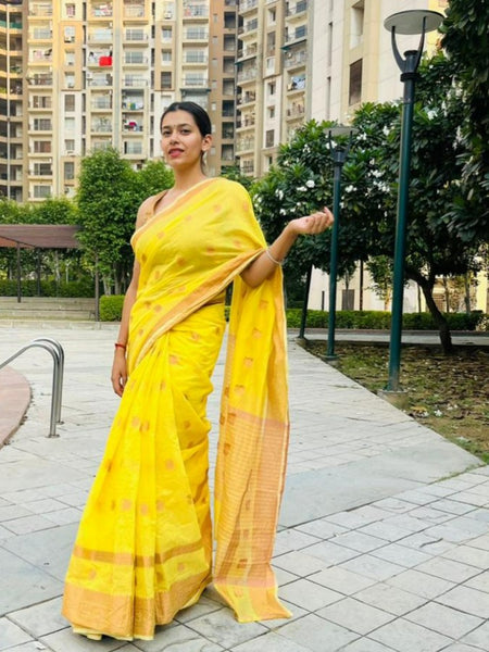Shikha Choudhary In Yellow Chanderi Cotton Silk Saree With Copper Zari Work. Available In 6 Colours.