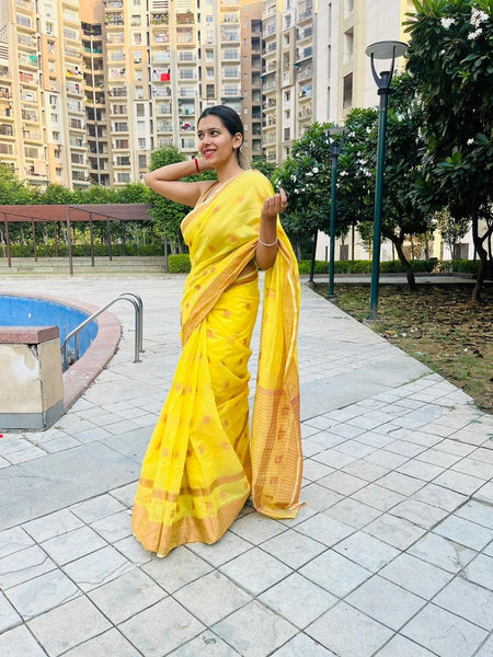 Shikha Choudhary In Yellow Chanderi Cotton Silk Saree With Copper Zari Work. Available In 6 Colours.