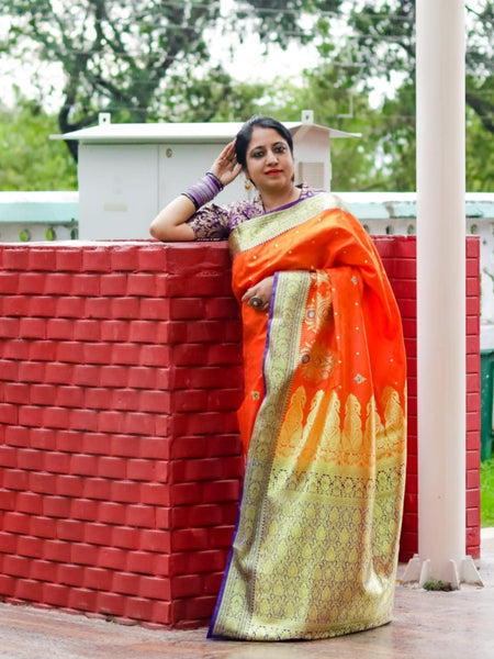 Ramya Pathak In Orange Banarsi Designer Saree With Contrast Purple Pallu And Golden Zari Work