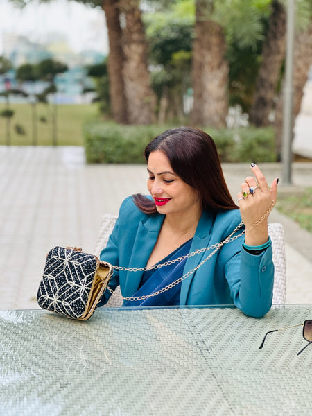 Embroidered Square Clutch With Both Side Same Design And Sling Chain Included