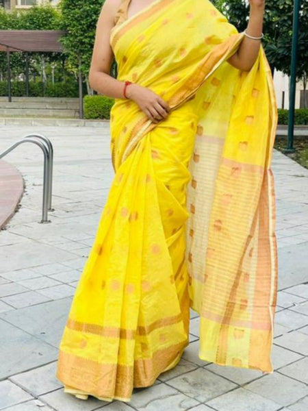 Shikha Choudhary In Yellow Chanderi Cotton Silk Saree With Copper Zari Work. Available In 6 Colours.
