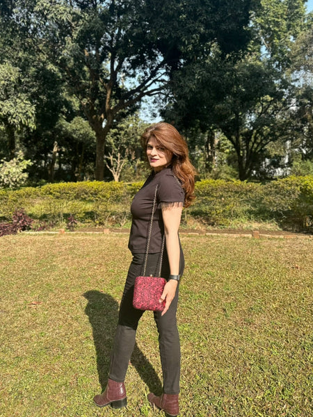 Velvet Square Clutch With Both Side Same Design And Sling Chain Included