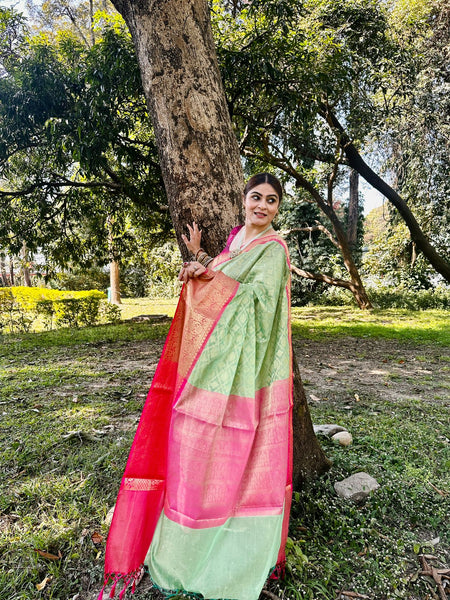Naveena Kapoor In Banarsi Georgette Silk Sari. Available In 2 Colours