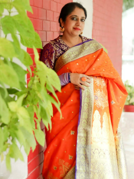 Ramya Pathak In Orange Banarsi Designer Saree With Contrast Purple Pallu And Golden Zari Work