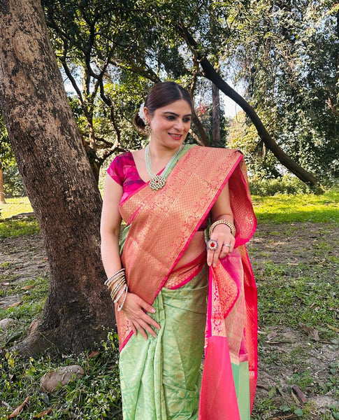 Naveena Kapoor In Banarsi Georgette Silk Sari. Available In 2 Colours