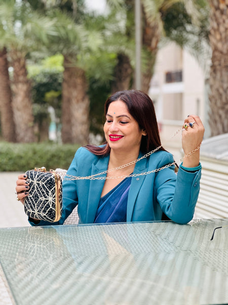 Embroidered Square Clutch With Both Side Same Design And Sling Chain Included