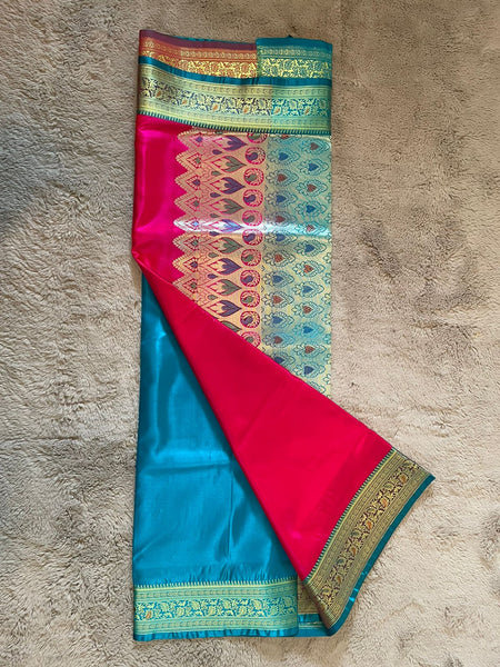 Pink Colour Paithani Saree with Contrast Turquoise Pallu