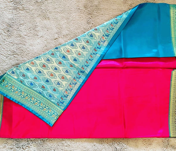 Pink Colour Paithani Saree with Contrast Turquoise Pallu