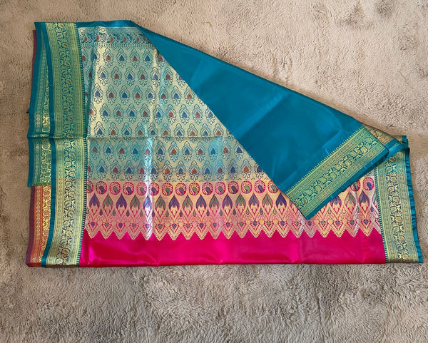 Pink Colour Paithani Saree with Contrast Turquoise Pallu