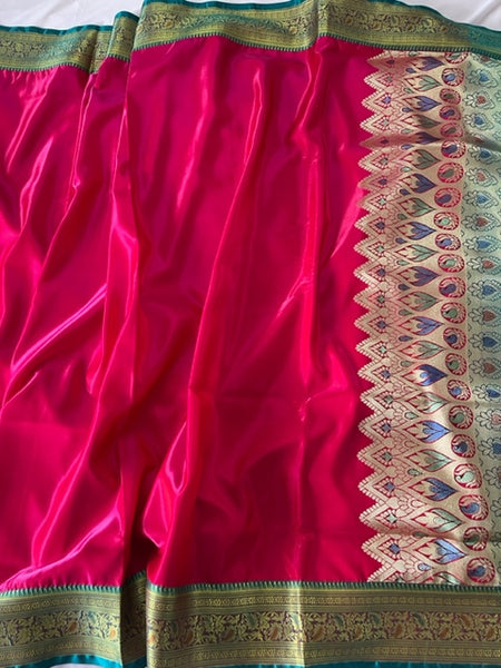 Pink Colour Paithani Saree with Contrast Turquoise Pallu