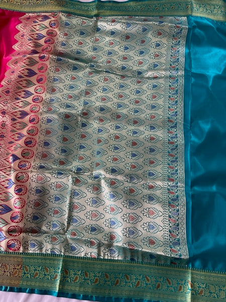 Pink Colour Paithani Saree with Contrast Turquoise Pallu
