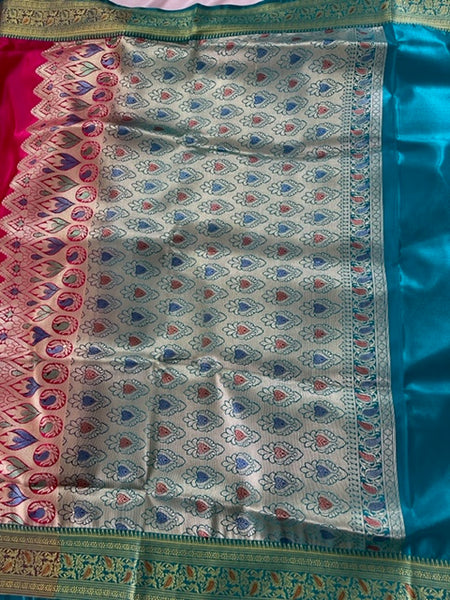 Pink Colour Paithani Saree with Contrast Turquoise Pallu