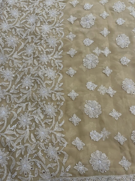 Cream Georgette Handmade Chikan Sari With All Over Booti And Mukaish Work