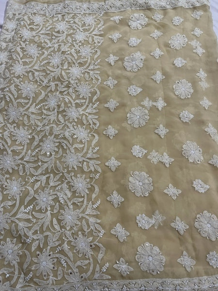 Cream Georgette Handmade Chikan Sari With All Over Booti And Mukaish Work