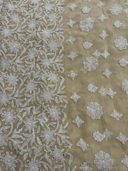 Cream Georgette Handmade Chikan Sari With All Over Booti And Mukaish Work