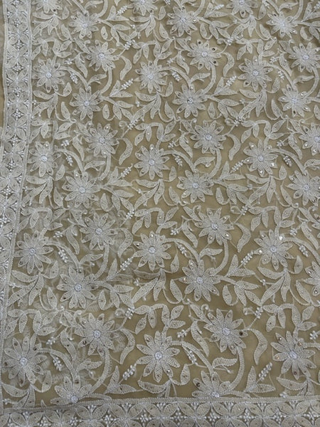 Cream Georgette Handmade Chikan Sari With All Over Booti And Mukaish Work