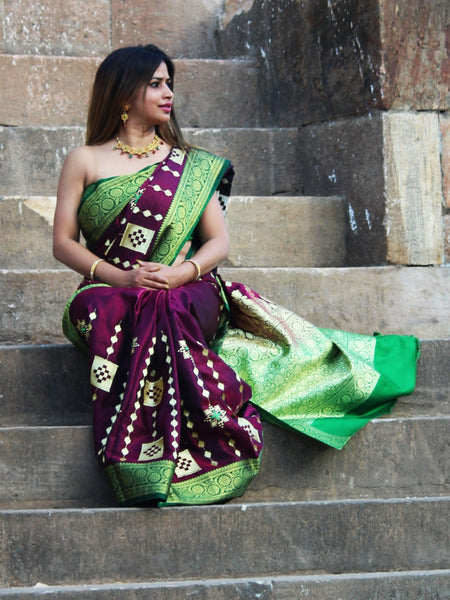 Megha Rathod In Banarsi Silk Saree. Available In 2 Colours.