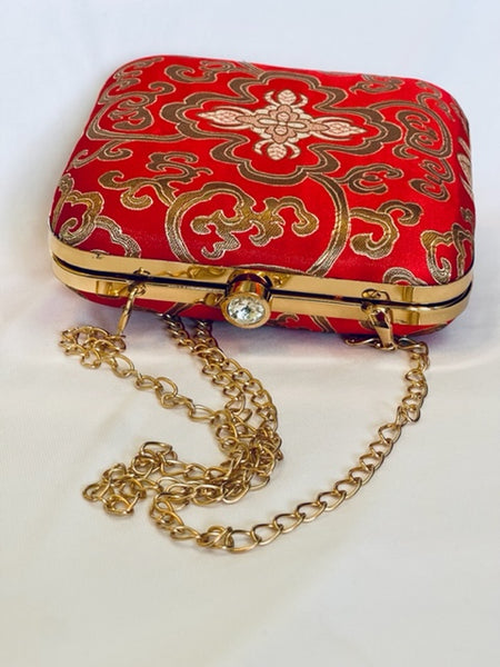 Brocade Square Clutch With Both Side Same Design And Sling Chain Included