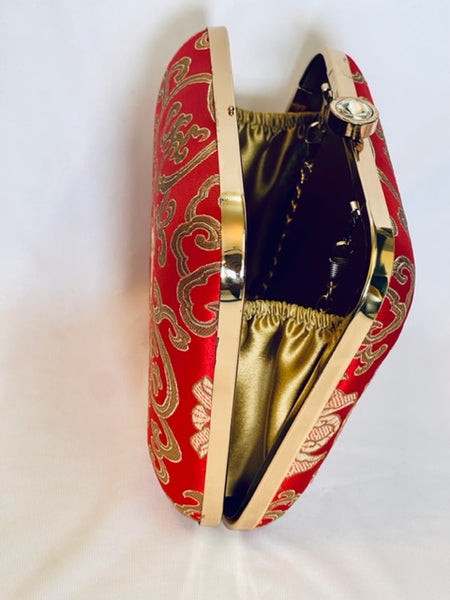 Brocade Square Clutch With Both Side Same Design And Sling Chain Included