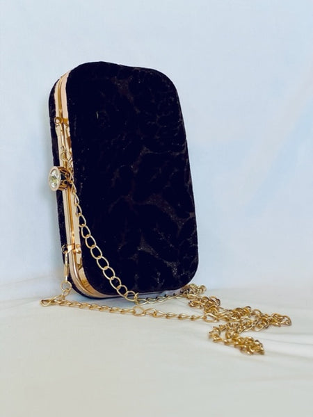 Velvet Rectangular Clutch With Both Side Same Design And Sling Chain Included