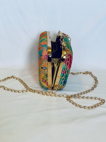 Embroidered Rectangular Clutch With Both Side Same Design And Sling Chain Included