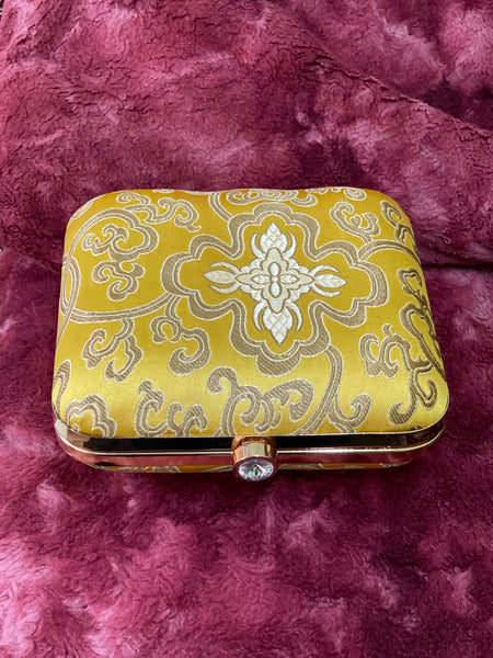 Brocade Square Clutch With Both Side Same Design And Sling Chain Included