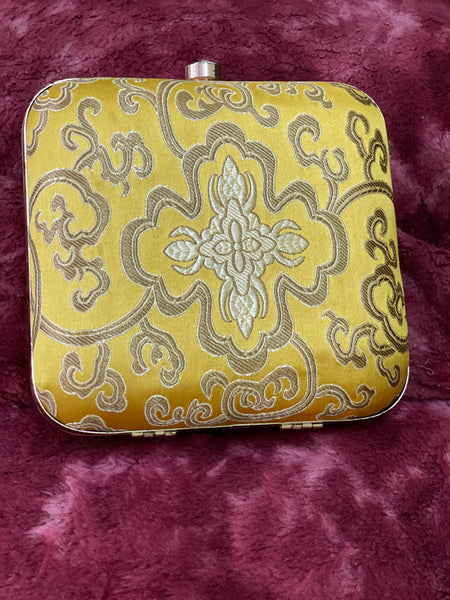 Brocade Square Clutch With Both Side Same Design And Sling Chain Included