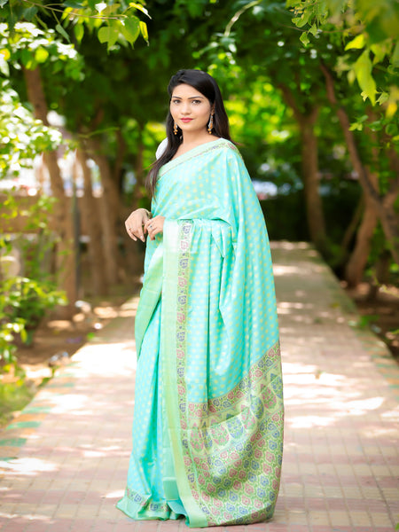 Bhawna Verma In Aquamarine Banarsi Silk Saree With Matching Pallu. Available in 2 colours.