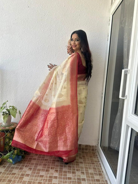 Reena Dwivedi In Banarsi Kora Silk With Contrast . Available In 3 Colours.